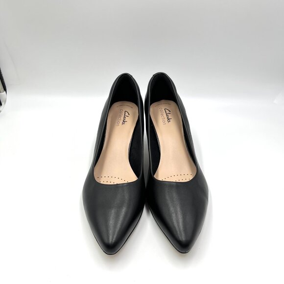 8W 8 WIDE WIDTH Clarks Womens Linvale Jerica Black Leather Pumps Heels Shoes - Picture 2 of 13